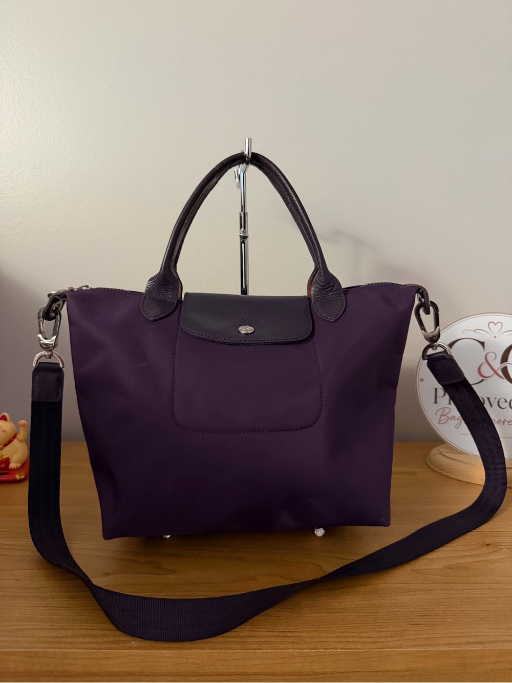 Authentic Longchamp Purple Nylon Top-Handle Tote with Removable Strap